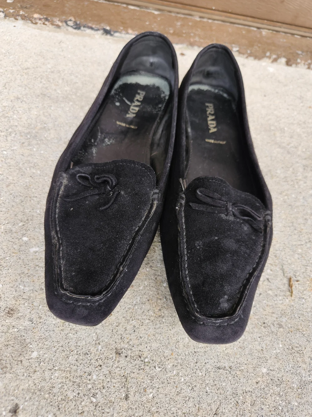 Prada Driving Loafers Women Black Suede Bow Logo Moccasins Flats 9.5 Pre-owned